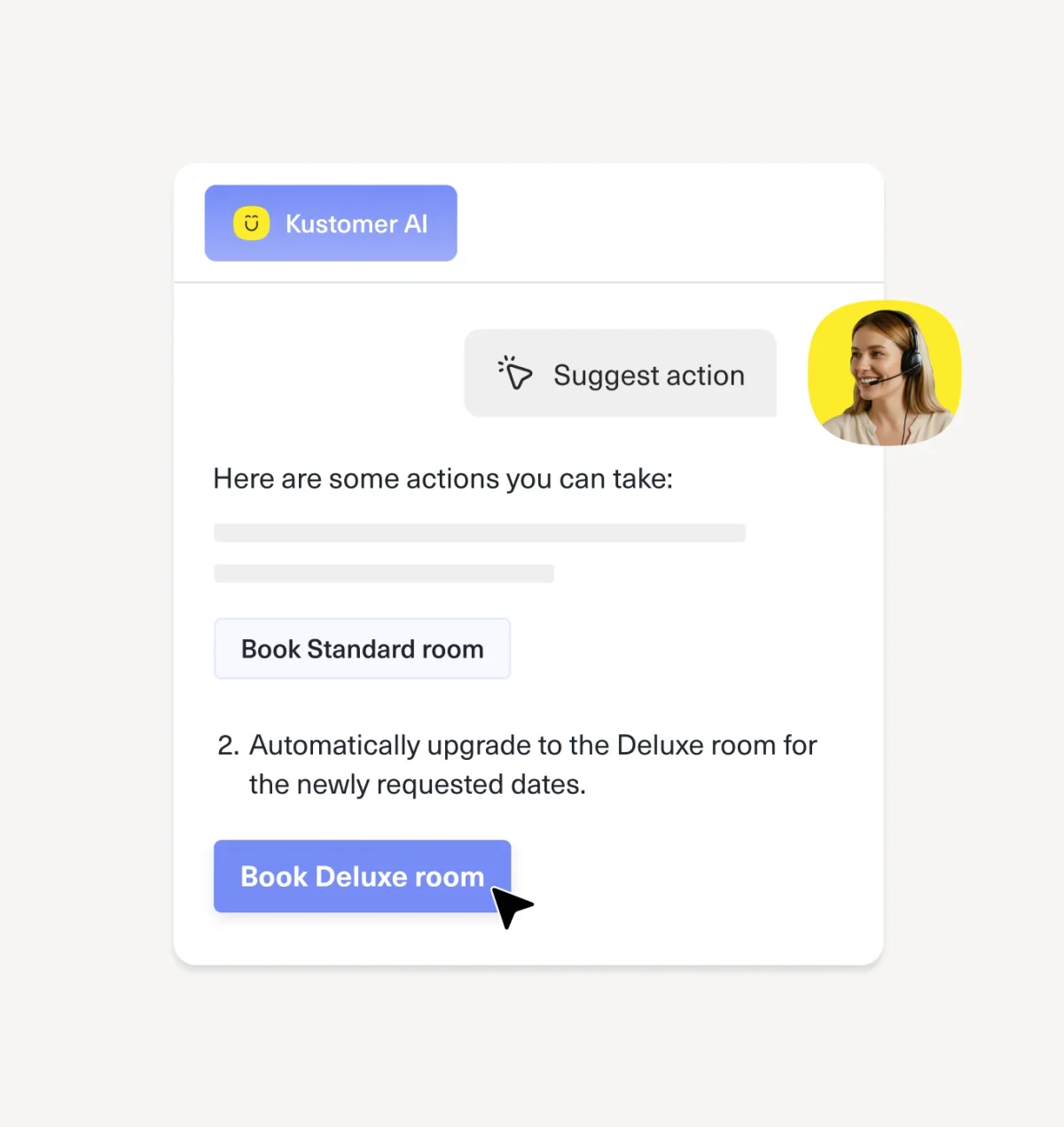 Kustomer AI assistant interface showing suggested actions for a customer service agent in a clean, modern UI.