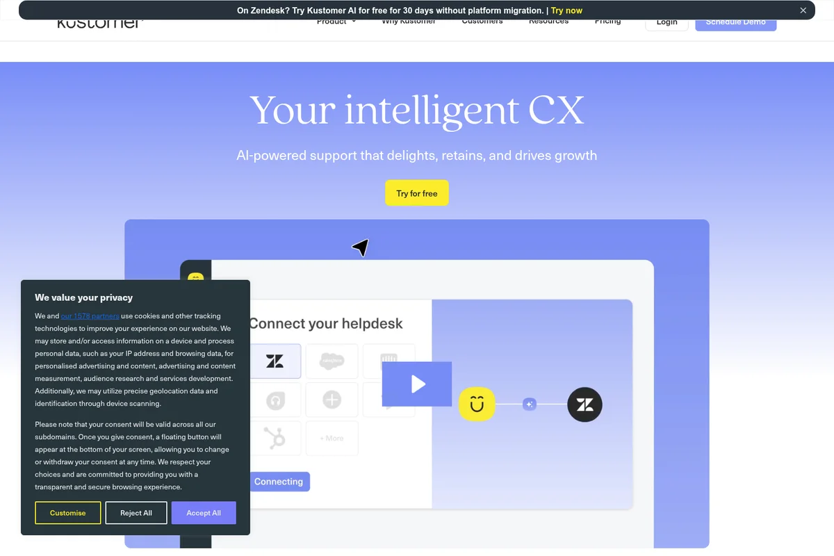 Kustomer homepage with 'Your intelligent CX' hero, partially obscured by a cookie consent banner.