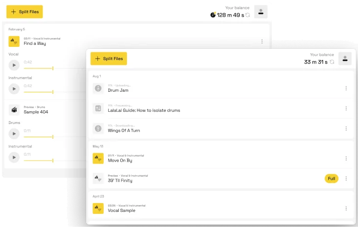 Lalal.ai audio separation workspace showing separated vocal, instrumental, and drum tracks with playback controls in a bright UI.