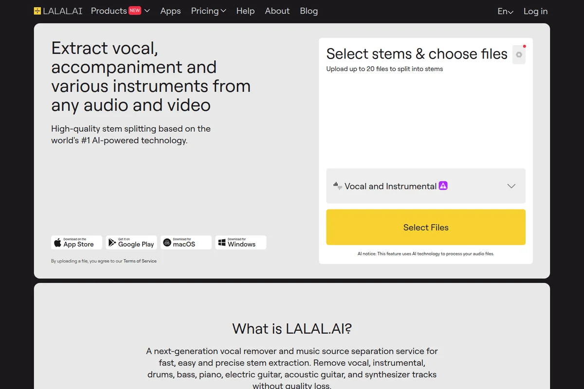 LALAL.AI homepage UI showing file upload for vocal and instrumental stem extraction with a clean, modern, light-theme interface.