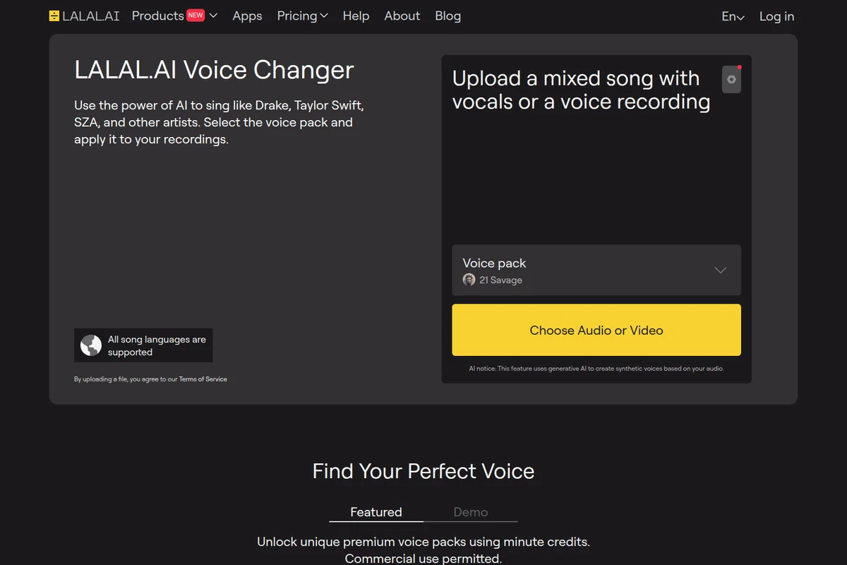 LALAL.AI Voice Changer interface for uploading audio, selecting an artist voice pack (e.g., 21 Savage), in a dark-themed UI.