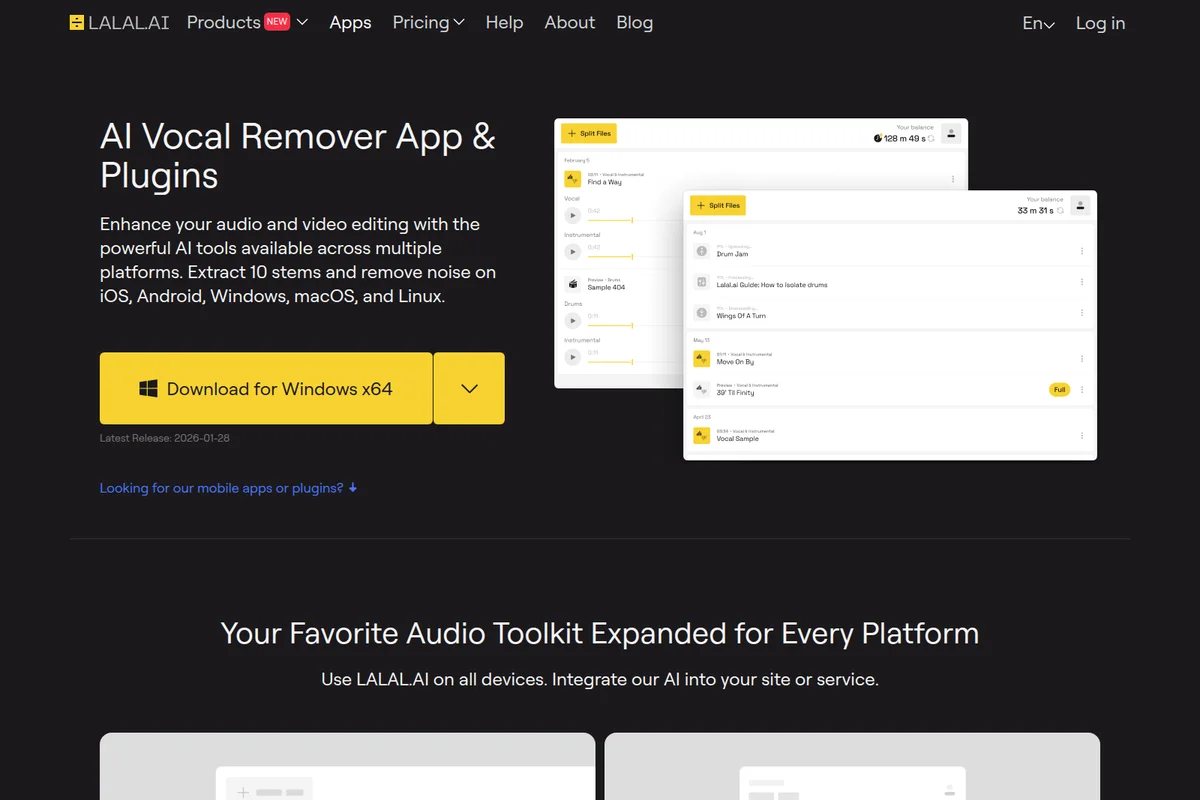 LALAL.AI AI Vocal Remover App showing processed audio files and stem extraction results in a clean dark-themed interface.