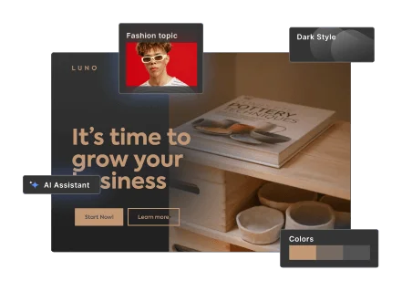 Landingi design workspace showcasing AI assistant features and style customization options with a dark-mode interface.