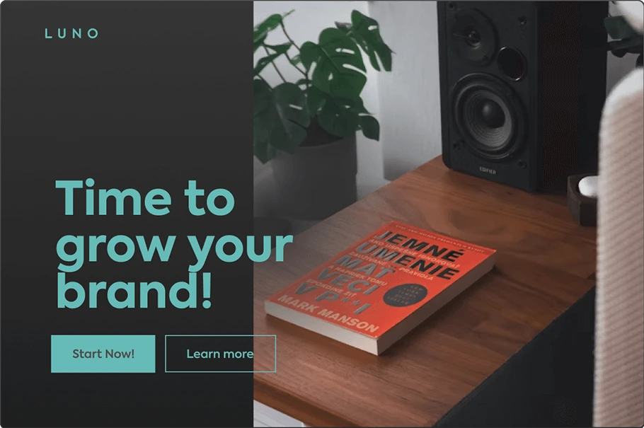 Landingi generated hero section showcasing a brand's message 'Time to grow your brand!' with a professional dark-mode design and desk photograph.