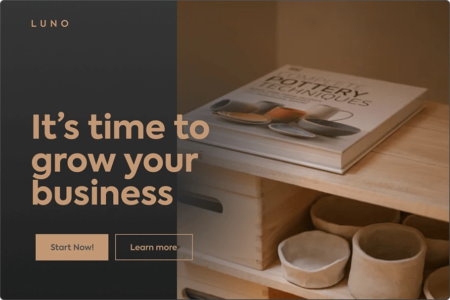 Landingi landing page hero promoting small business growth with a dark split-screen design and pottery imagery.