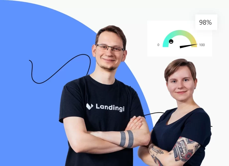 Landingi team members smiling, one wearing a branded t-shirt, alongside a digital performance gauge displaying 98%.