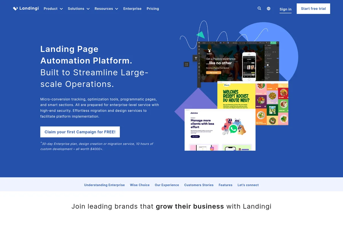 Landingi Landing Page Automation Platform hero section displaying editor interface and diverse example landing pages.