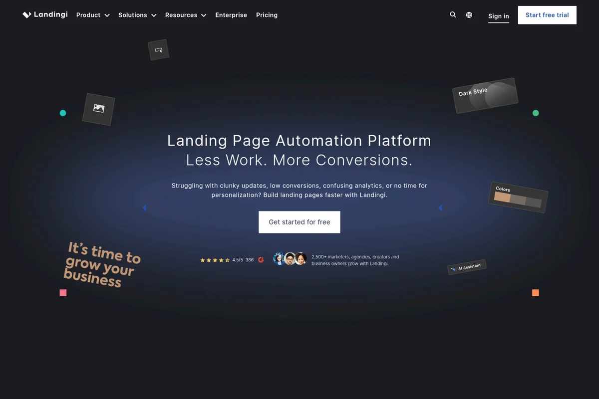 Landingi homepage hero section promoting landing page automation with a modern dark theme and floating translucent UI elements.