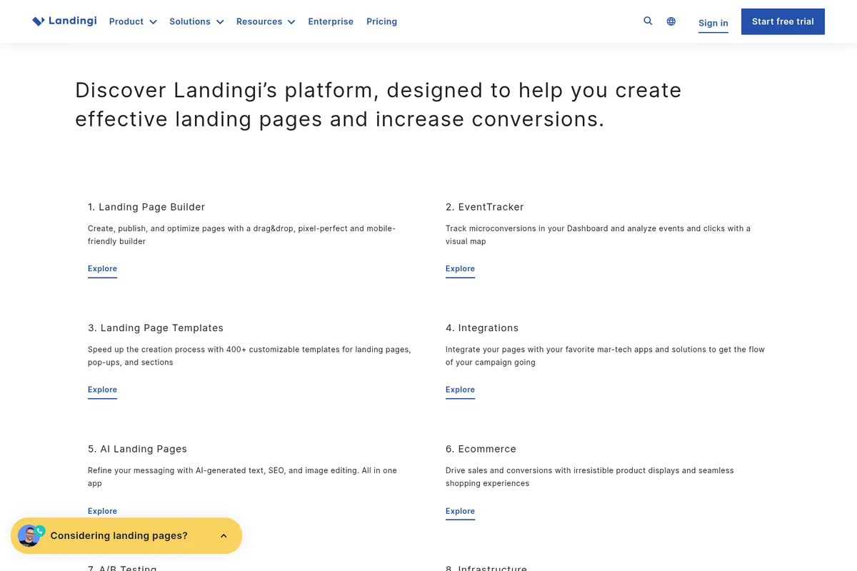 Landingi features page outlining platform capabilities with a clean, modern interface.