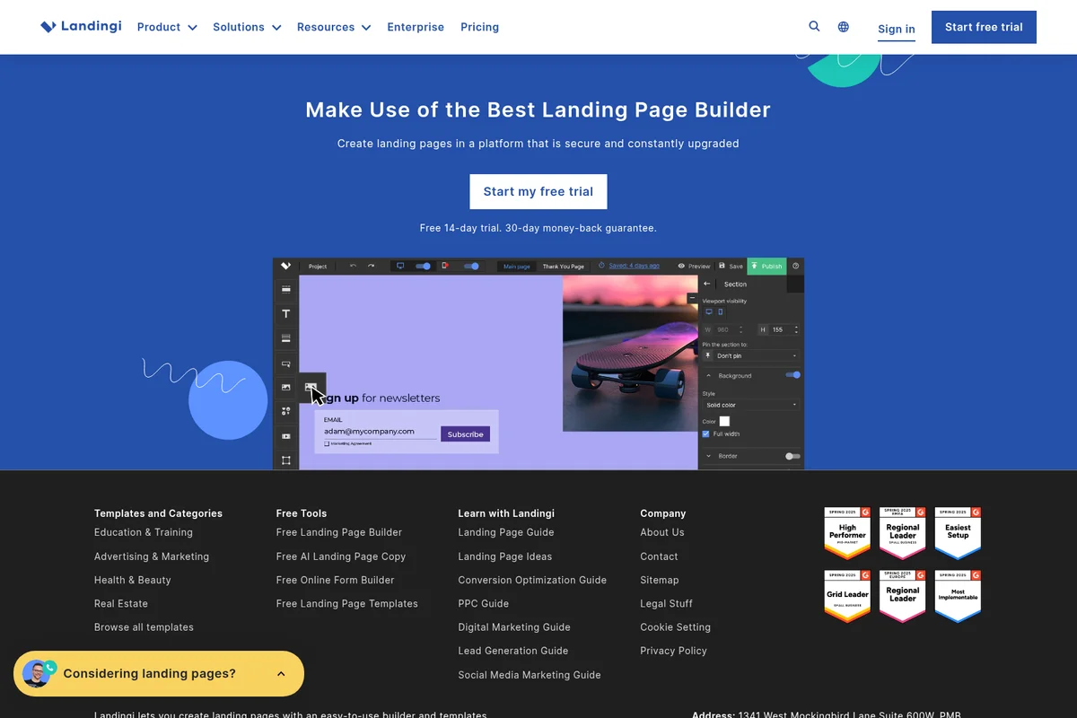 Landingi workspace UI displaying a landing page editor with a newsletter signup form and skateboard graphic in a modern interface.