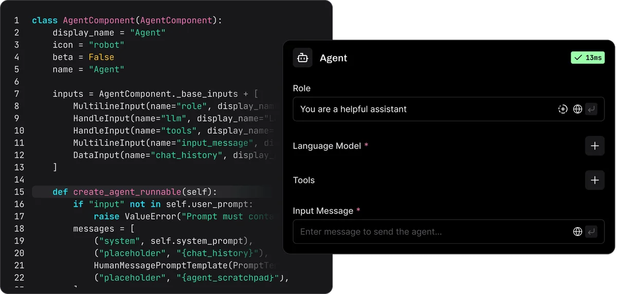 Langflow workspace showing an Agent component's configuration UI and its defining Python code in a dark-mode interface.