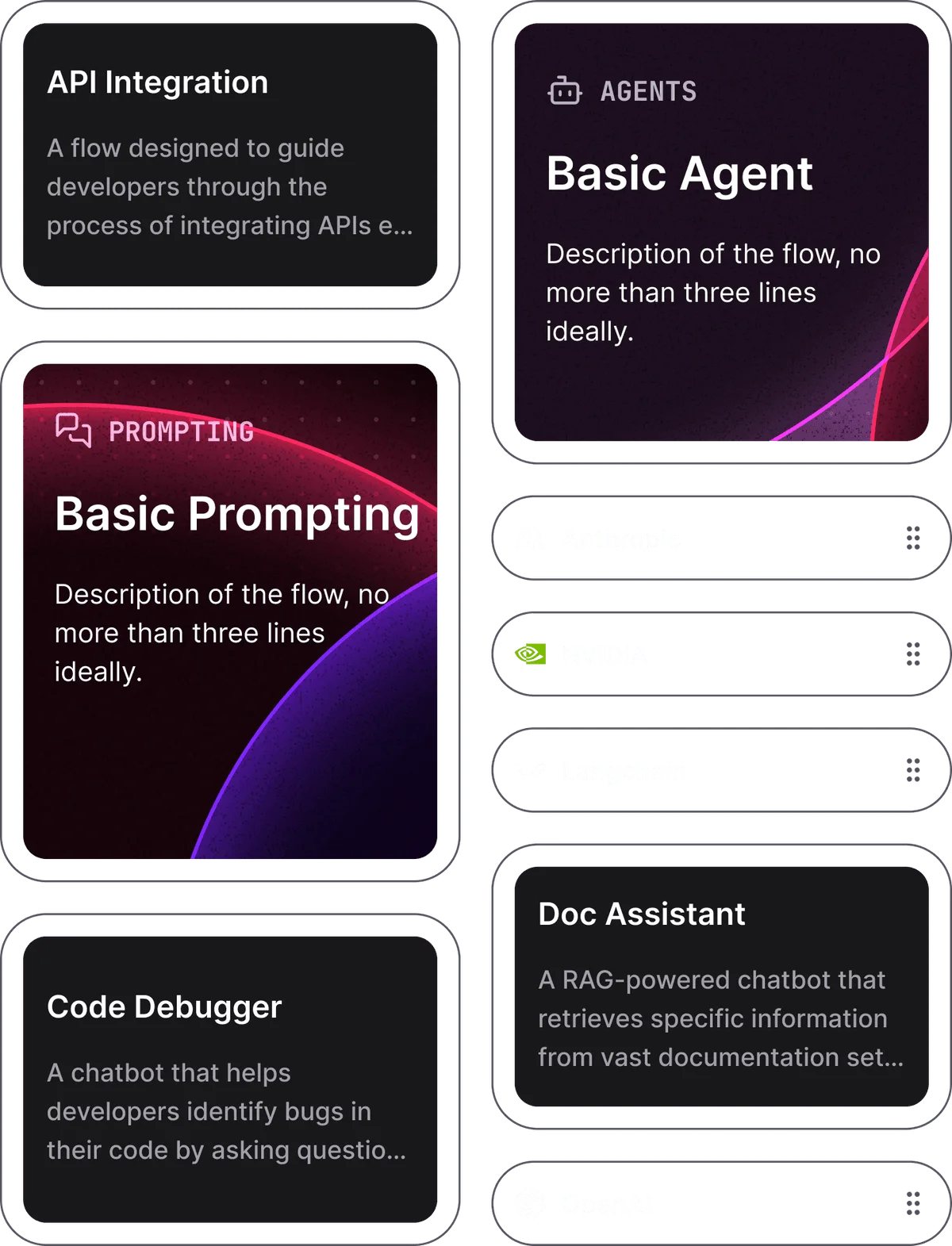 Langflow gallery page displaying various AI agent and prompting flow templates with a dark-mode interface.