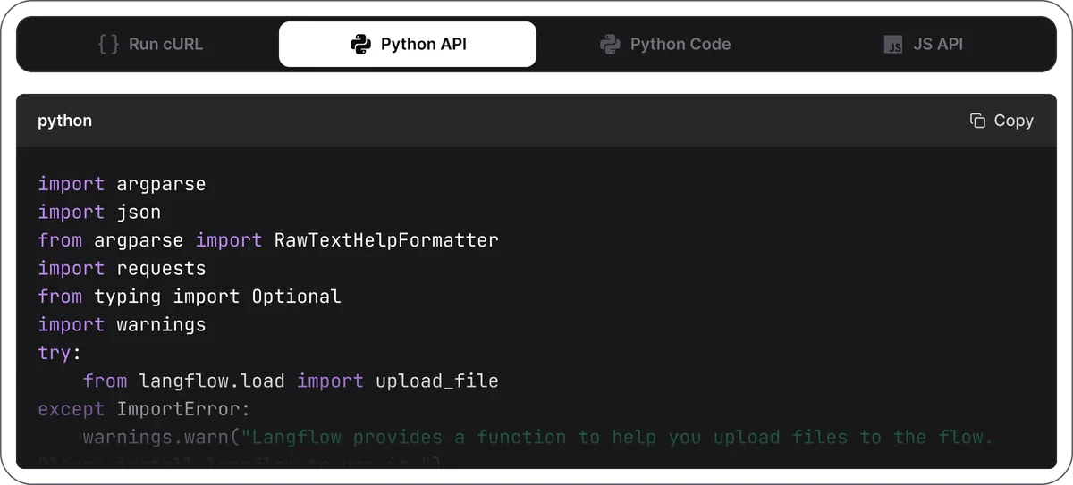 Langflow Python API code example showing file upload functionality in a dark-mode editor interface.