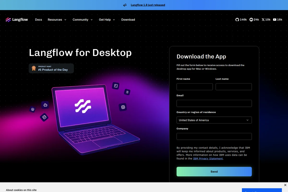Langflow landing page promoting the desktop app with a vibrant laptop illustration and download form