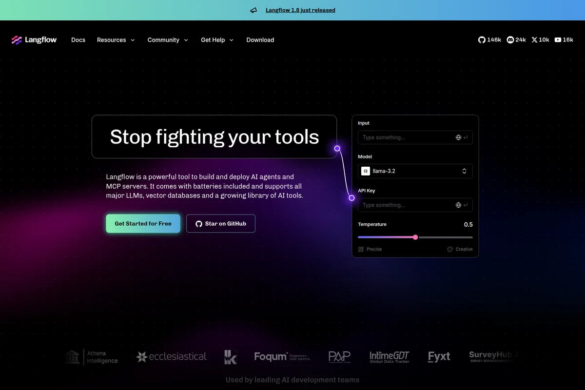 Langflow homepage hero showing an interactive panel for AI model configuration, including input, model selection (llama-3.2), API key, and temperature controls, set against a dark-mode futuristic interface.