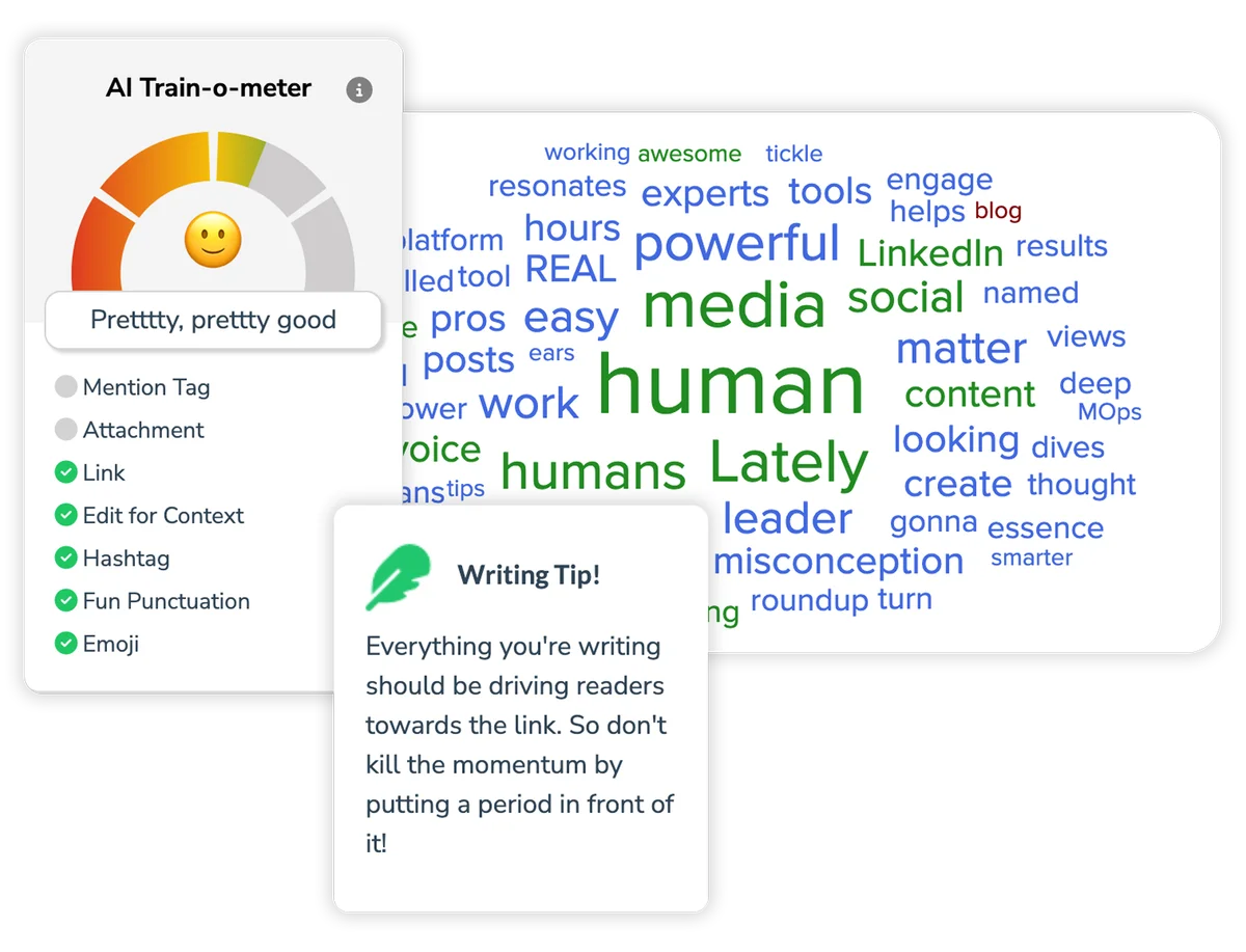 Lately workspace UI displaying an AI-powered content meter, a writing tip, and a keyword analysis word cloud in a clean, light interface.