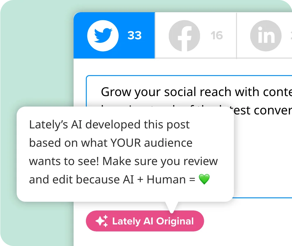 Lately AI content generation interface showing a generated social media post for Twitter with an explanatory tooltip.