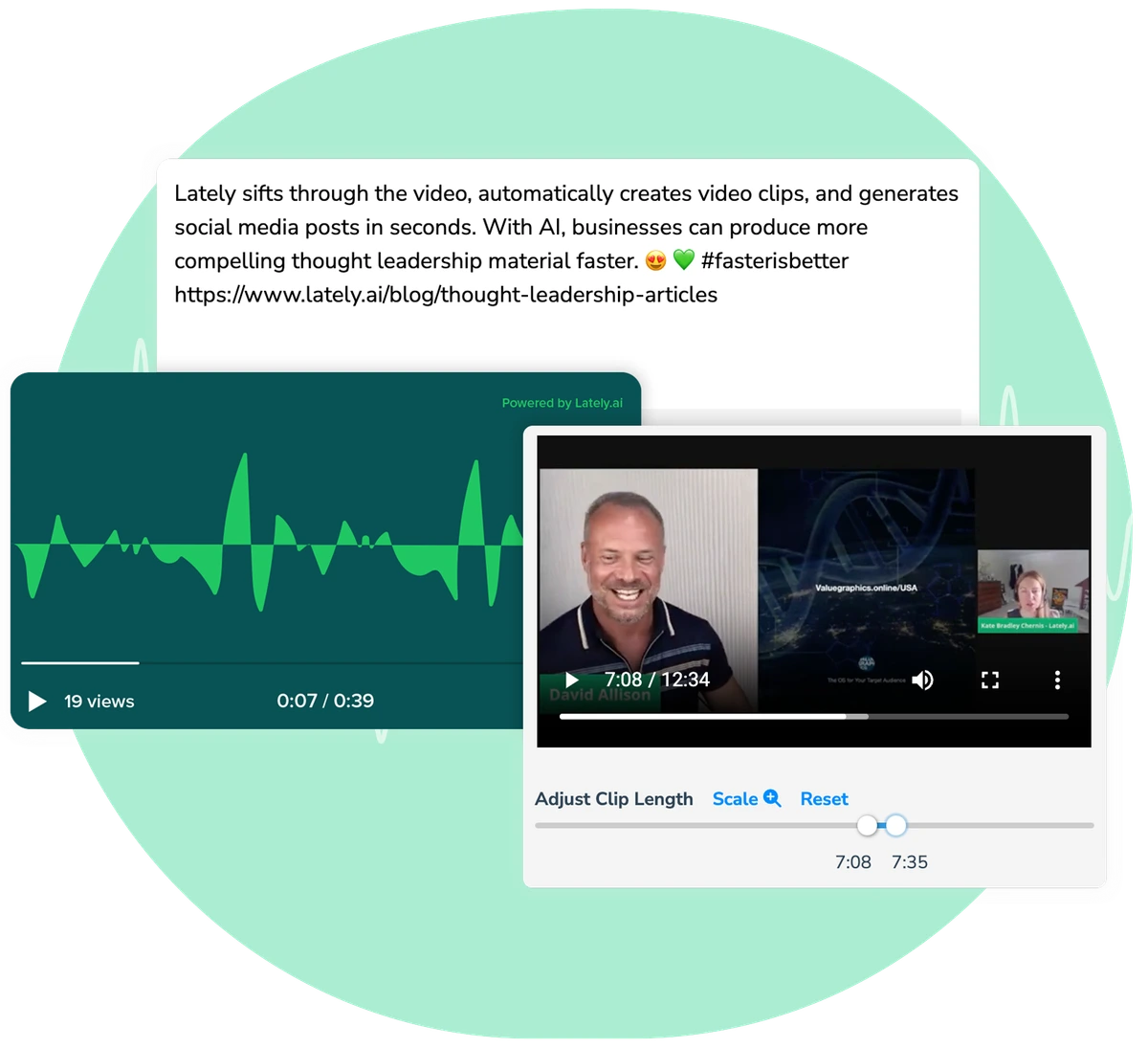 Lately AI video content creation workspace showing a video player, audio waveform, and clip adjustment tools in a clean interface.