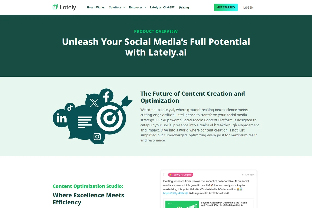 Lately AI marketing page highlighting social media content optimization with a target graphic and an AI-generated social post example.
