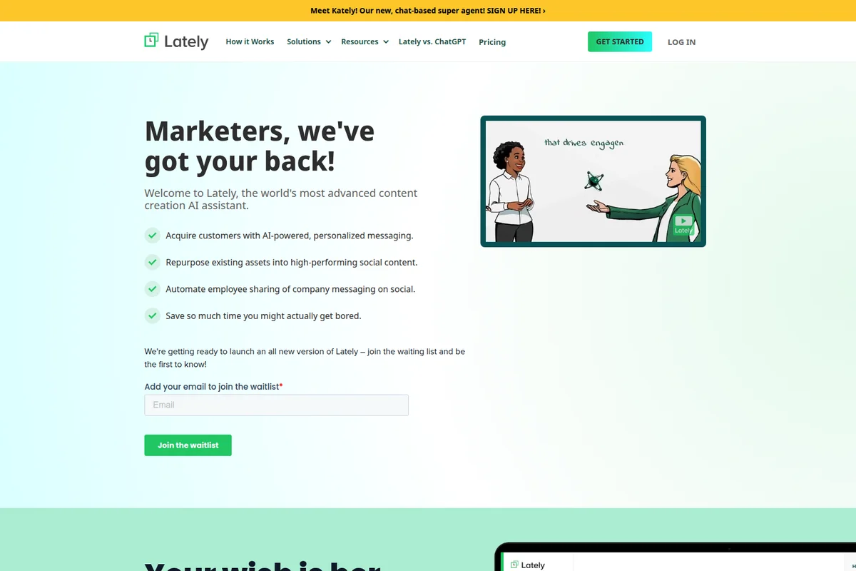 Lately homepage hero showing two illustrated marketers interacting with an AI content assistant in a clean, modern interface.