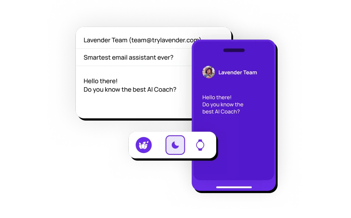 Lavender AI assistant displaying messages in an email interface and a mobile chat application, highlighting its AI coaching capabilities with a modern, dark-themed interface.