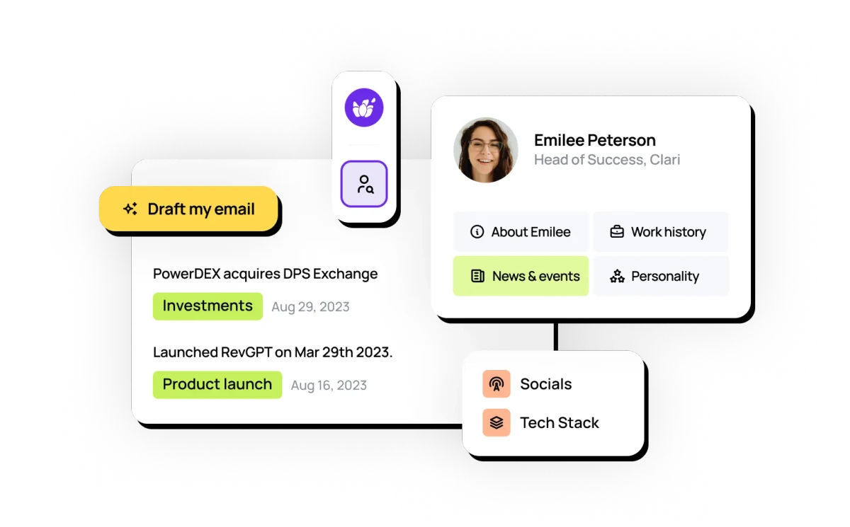 Lavender sales intelligence workspace displaying a contact's enriched profile with news, work history, and AI email drafting feature.