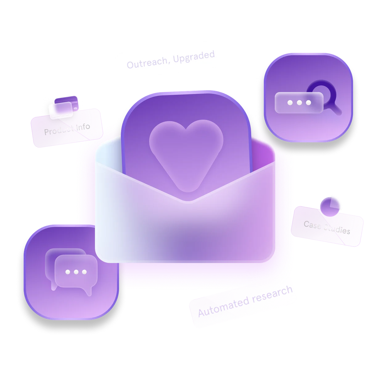 lavender outreach platform graphic showcasing upgraded features like product info, case studies, and automated responses with a modern glassmorphism aesthetic.