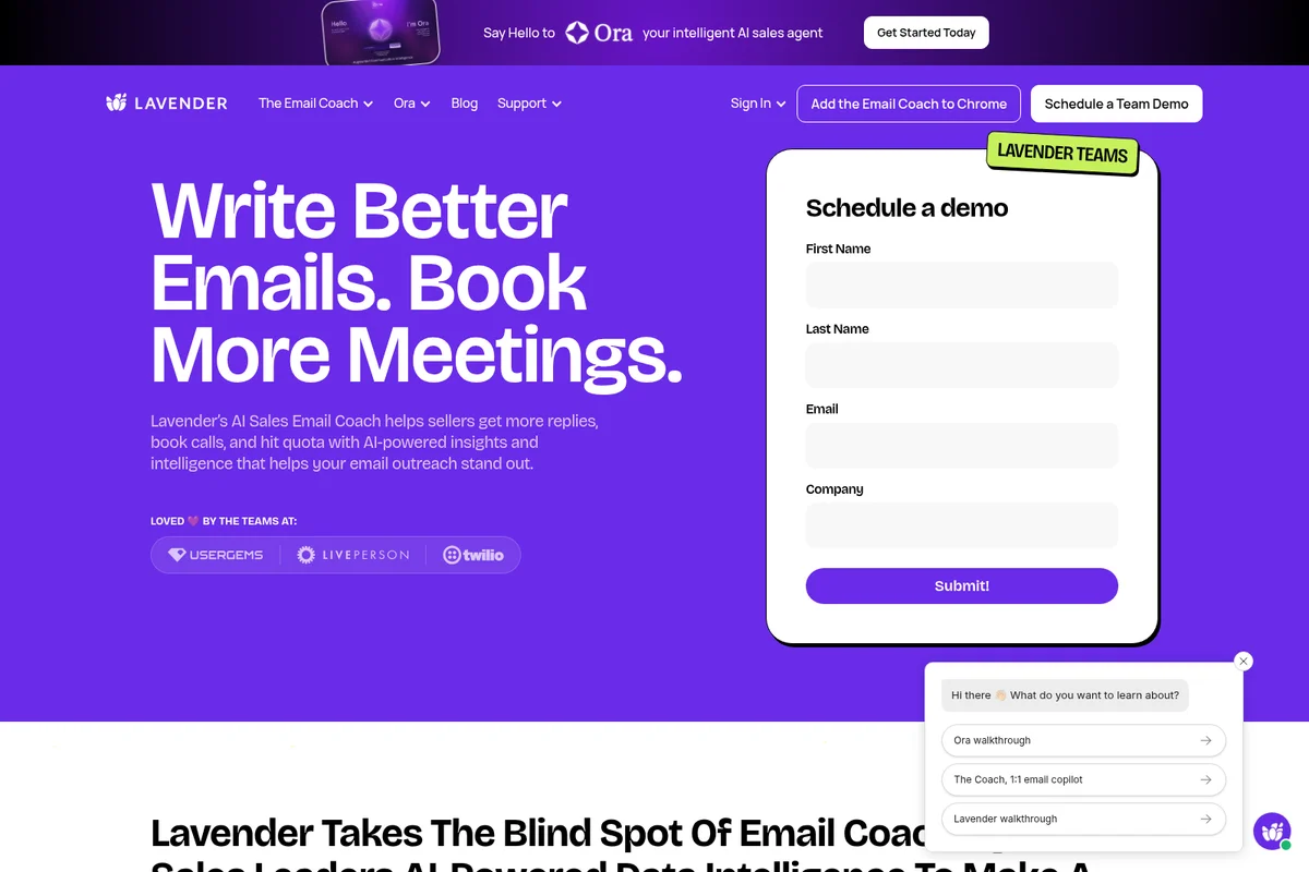 Lavender AI Email Coach landing page showing the main value proposition, customer testimonials, and a demo request form with a vibrant purple and white design.
