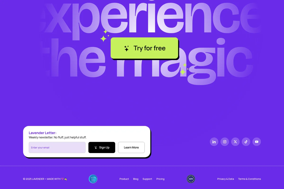 Lavender landing page hero featuring a 'Try for free' button and 'experience the magic' headline on a vibrant purple background.