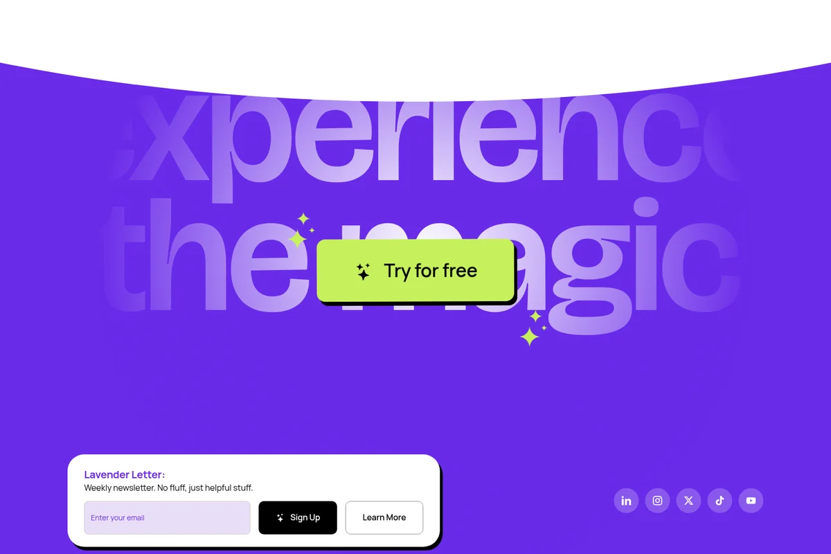 Lavender landing page showcasing a magical product experience with a prominent 'Try for free' call to action button, featuring a vibrant purple and neon green interface.