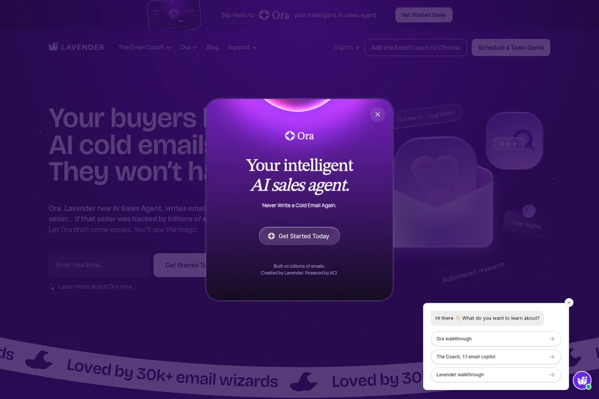 Lavender homepage featuring a prominent modal announcing 'Ora', an intelligent AI sales agent, with a dark purple themed interface and call to action.