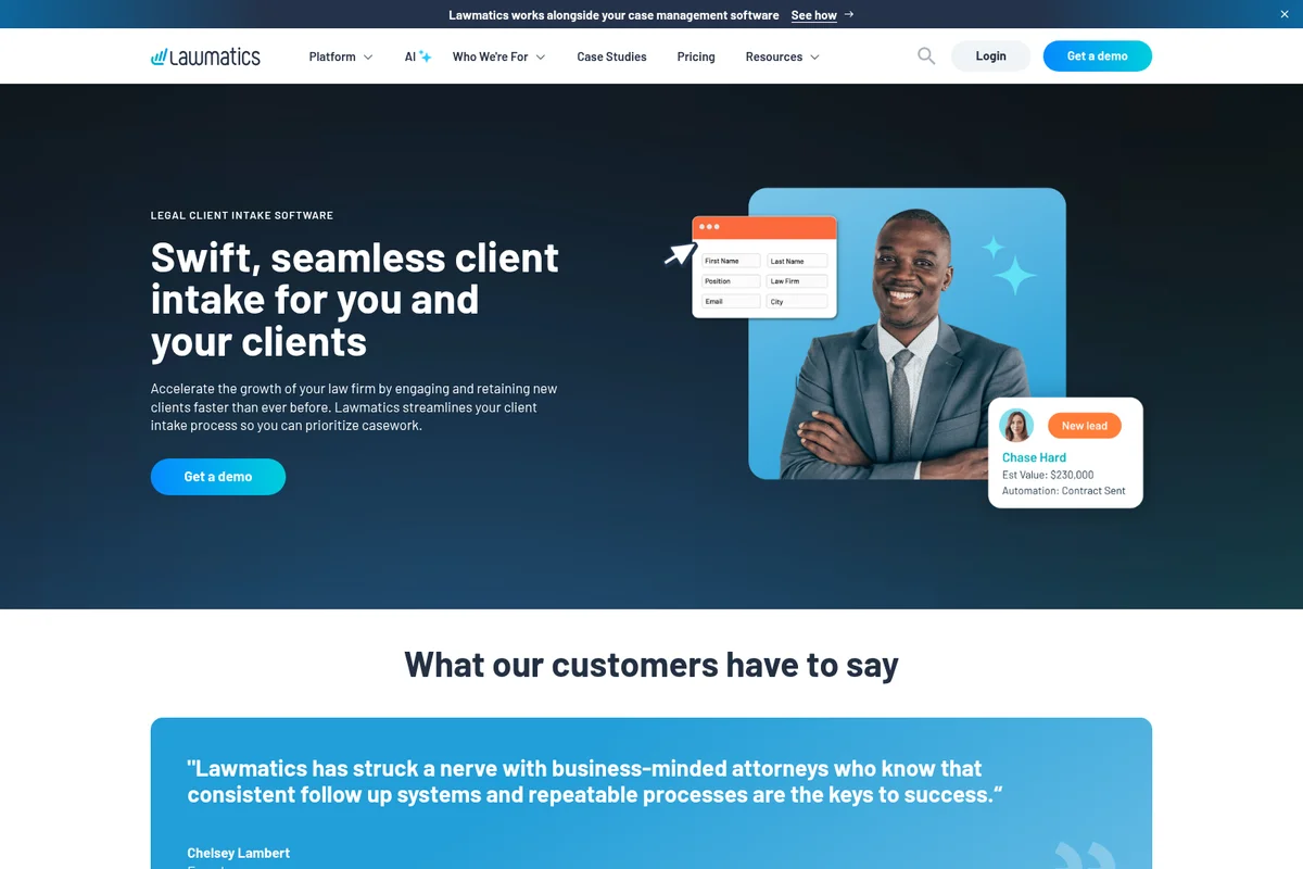Lawmatics landing page hero demonstrating swift client intake and lead management with a modern, dark-themed interface.