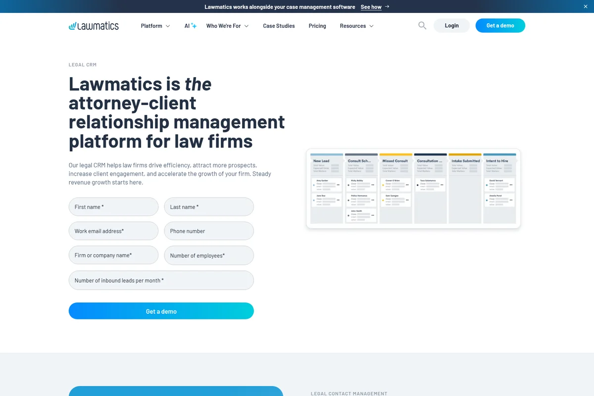 Lawmatics Legal CRM platform showing lead management workflow on a Kanban board with an interactive data input form.