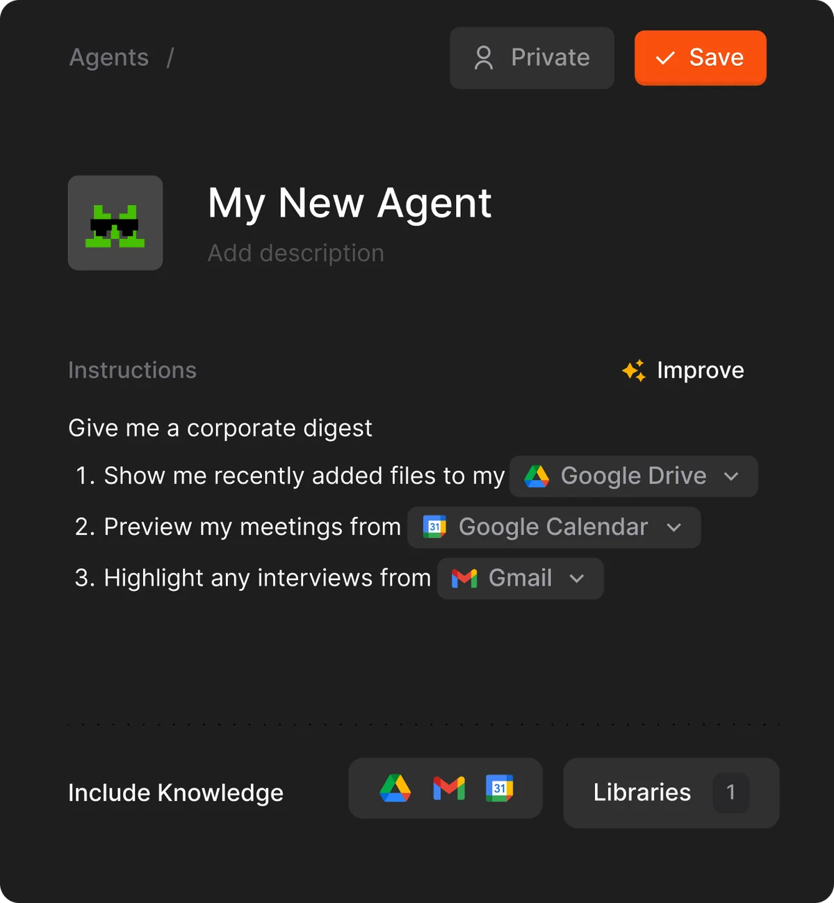 Le-chat agent creation interface showing an AI agent configured to provide a corporate digest using Google Drive, Calendar, and Gmail integrations in a dark theme.