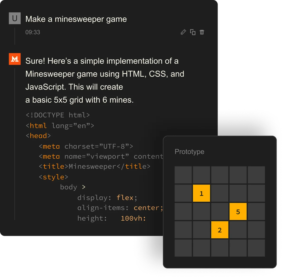 Le-chat AI assistant generating Minesweeper game code with a live prototype in a dark-mode UI.