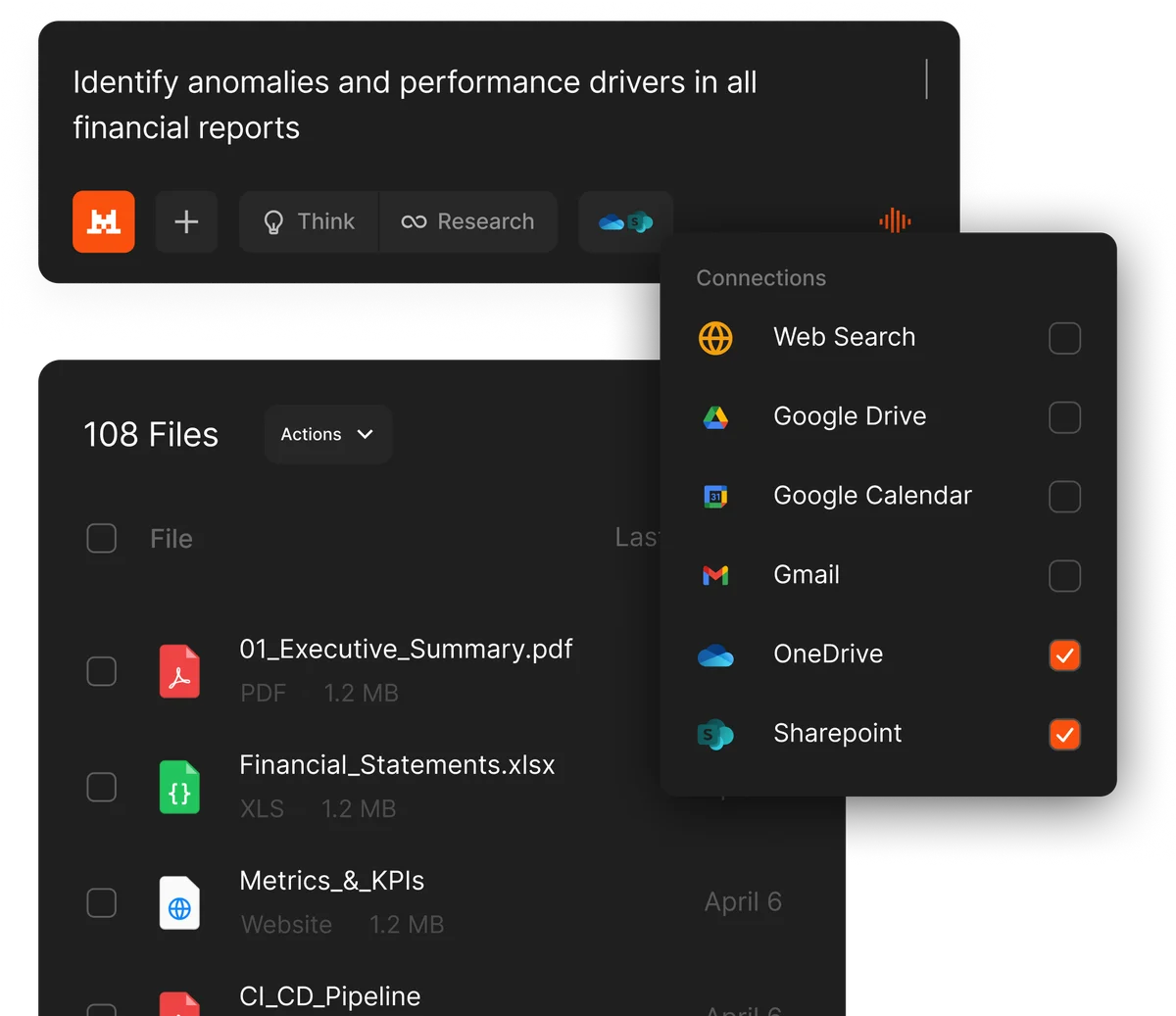 Le-chat workspace showing AI analysis prompt for financial reports, connected files, and data source integrations in a dark-mode UI.
