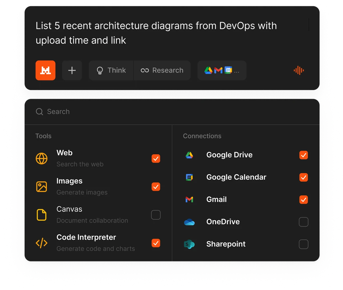 Le-chat AI workspace showcasing a user's query for architecture diagrams, with enabled tools and connections in a dark-mode interface.