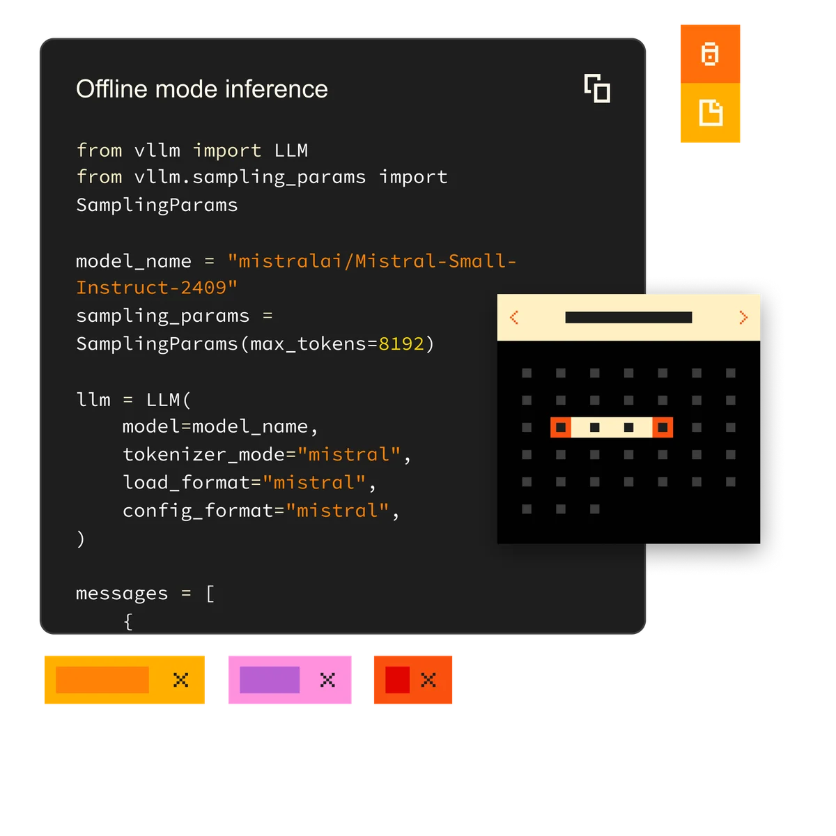 Le-chat AI development workspace showing offline mode inference code and a pixel art output display in a dark-themed interface.