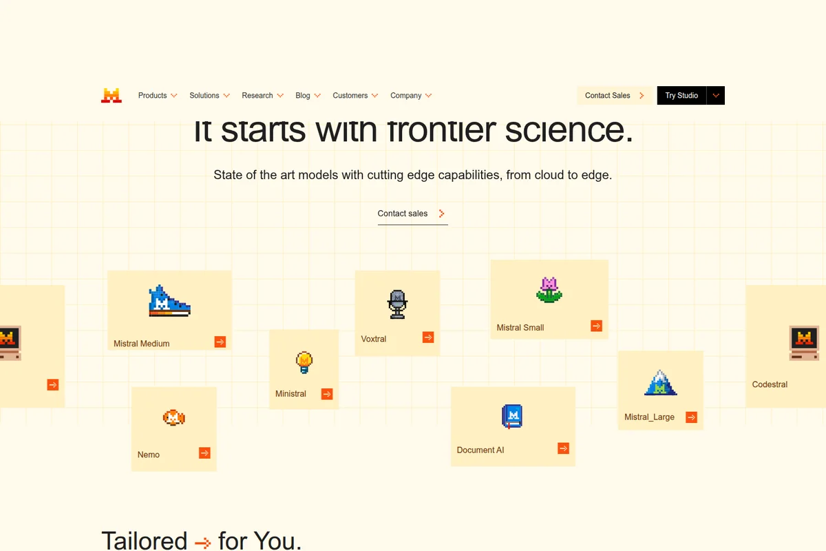 Mistral AI models page displaying a grid of AI models like Mistral Medium and Codestral, each with a unique pixel art icon and a clean, grid-patterned interface.