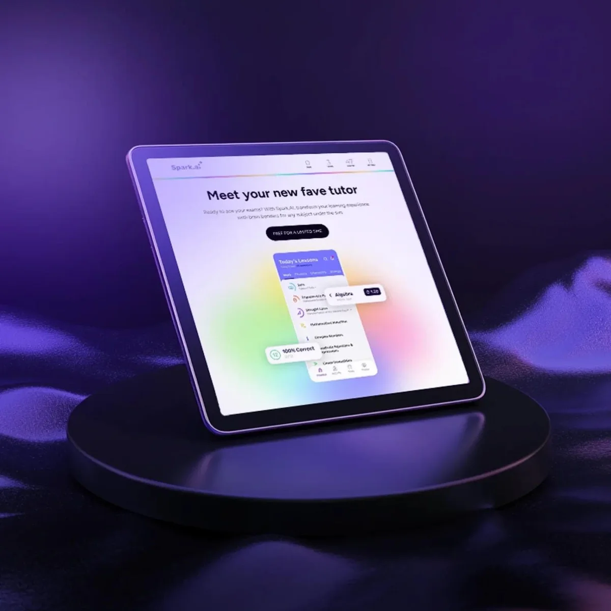 Spark.ai educational app interface on a tablet showing personalized lesson plans and progress for subjects like Algebra.