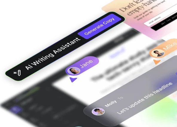 Leadpages AI writing assistant workspace showing AI copy generation and collaborative editing with a modern, overlapping UI design.