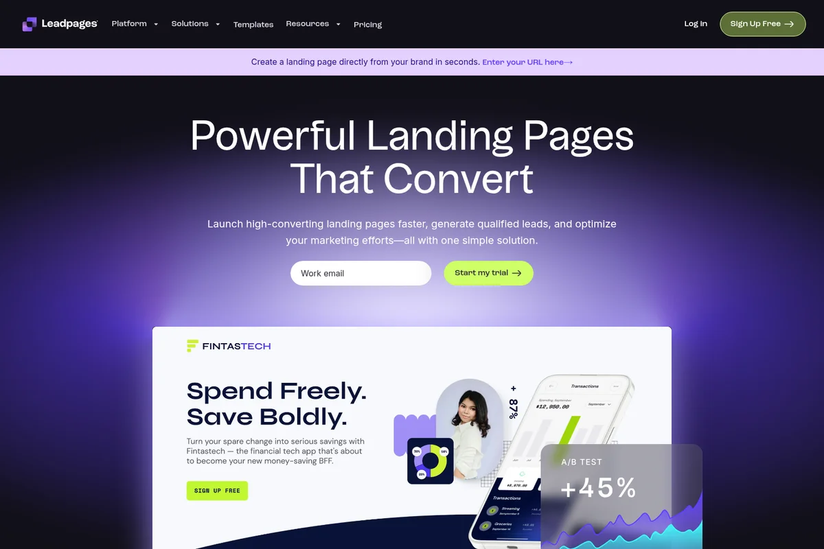 Leadpages homepage showcasing powerful landing pages that convert with a modern dark gradient background and a template preview.