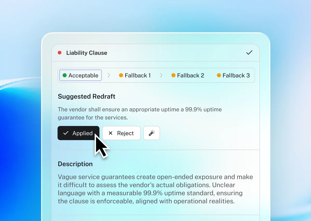Legalfly workspace showing an AI-suggested redraft for a liability clause being applied, with a modern light interface.