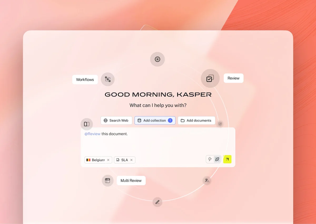 Legalfly workspace UI showing an AI-powered document review prompt and options, with a modern glassmorphism aesthetic.
