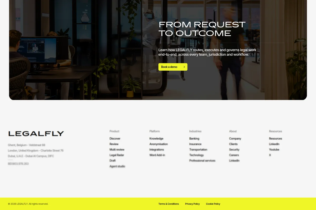 LEGALFLY landing page hero showcasing 'FROM REQUEST TO OUTCOME' headline and 'Book a demo' CTA over a modern office background.