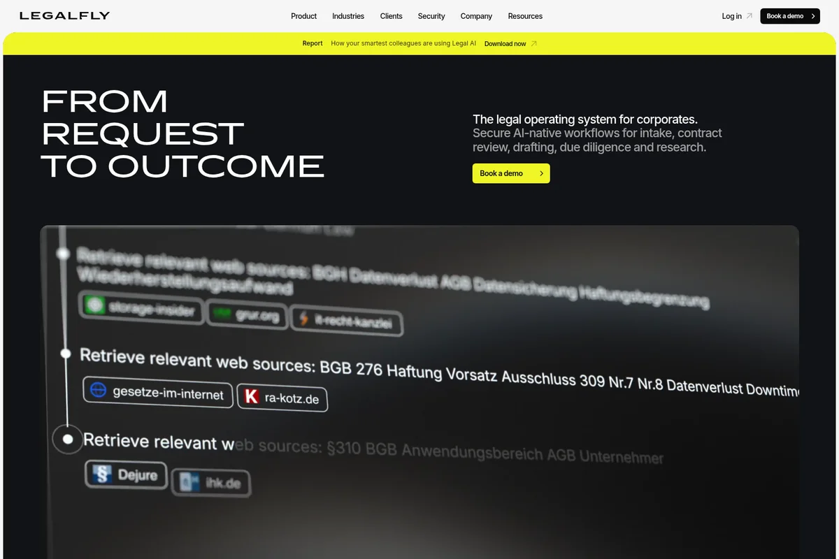 LegalFly homepage hero section showcasing AI-native legal workflows from request to outcome, with a blurred preview of legal source retrieval in a dark-themed UI.