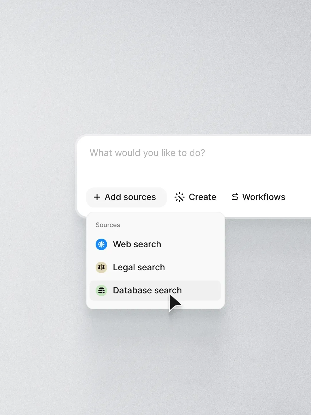 Legora workspace UI with 'Add sources' dropdown open, showing options for Web, Legal, and Database search, with a cursor selecting 'Database search'.