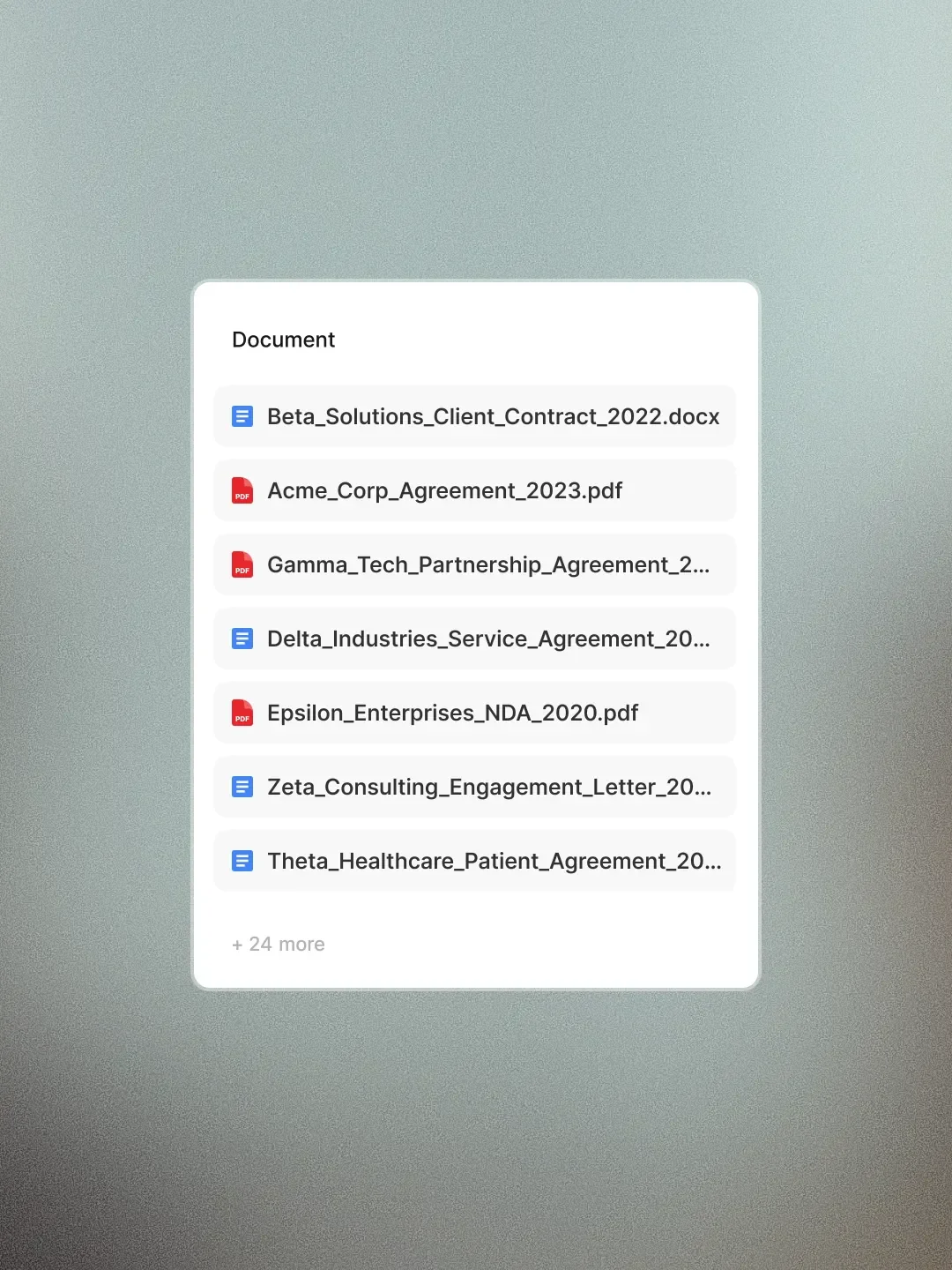 legora document manager UI showing a list of files with their names and types in a modern, glassmorphism-inspired design.
