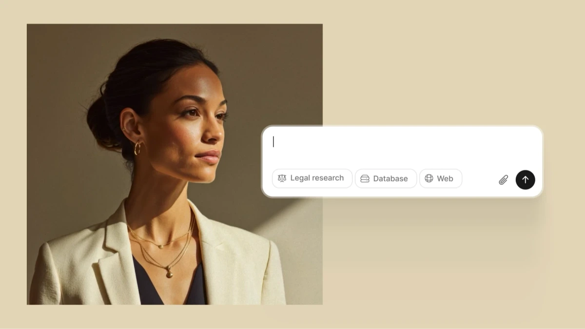 Legora's intelligent search bar offering 'Legal research', 'Database', and 'Web' options, presented with a professional woman in a business setting.