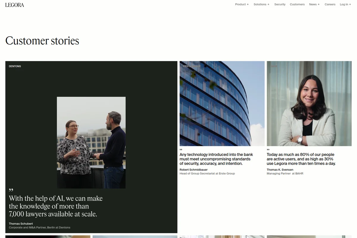 Legora Customer Stories page featuring client testimonials with photos of people discussing, a modern building, and a smiling woman, highlighting AI's impact.